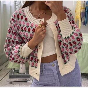 Floral Patterned Cream and Pink Women's Sweater Tulips Cardigan Red New M Spring
